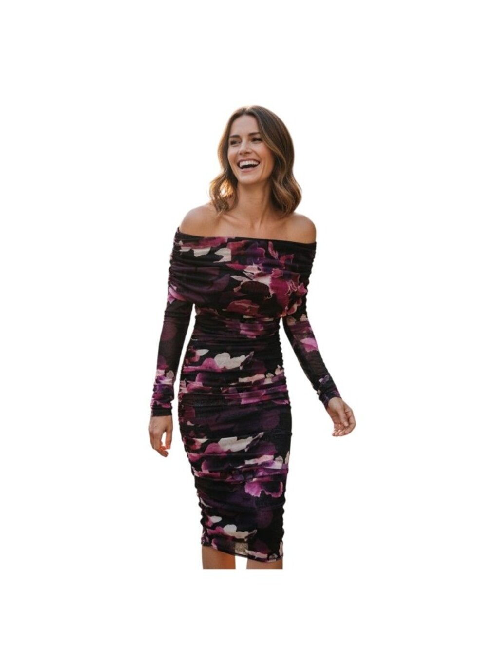 NICHOLAS Oaklyn Off Shoulder Shirred Midi Dress Blur Floral Magenta NWT - Size 2 - Picture 2 of 7